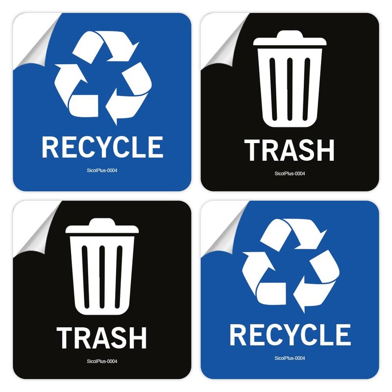 SICOL PLUS Trash Recycle Stickers Recycle Bin Decals and Trash can Stickers UV Protected Indoor and Outdoor Self Adhesive Vinyl Stickers (4x4 Inch 04 Pcs Square) - Image 1